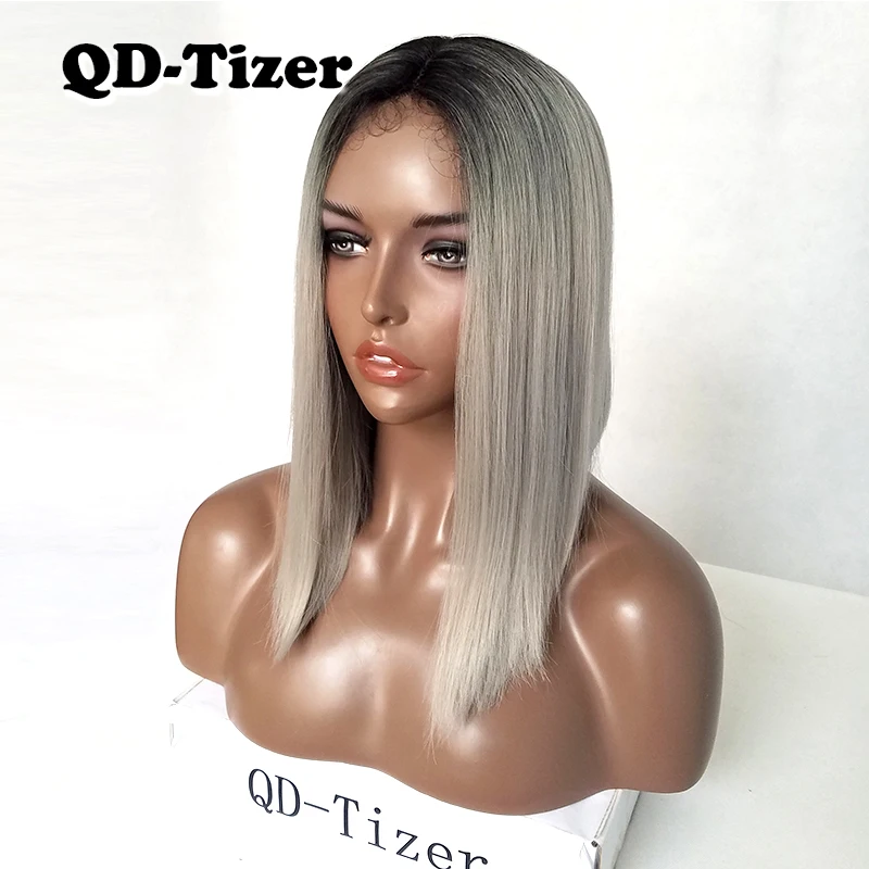 QD-Tizer синтетический парик фронта шнурка Омбре Черные Серые волосы термостойкие прямые волосы боб короткие парики естественная линия волос