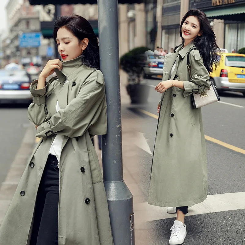 New Korean Double-breasted X-long Trench Loose Clothing Outerwear High Quality Solid Color Casual Coats - Цвет: light green