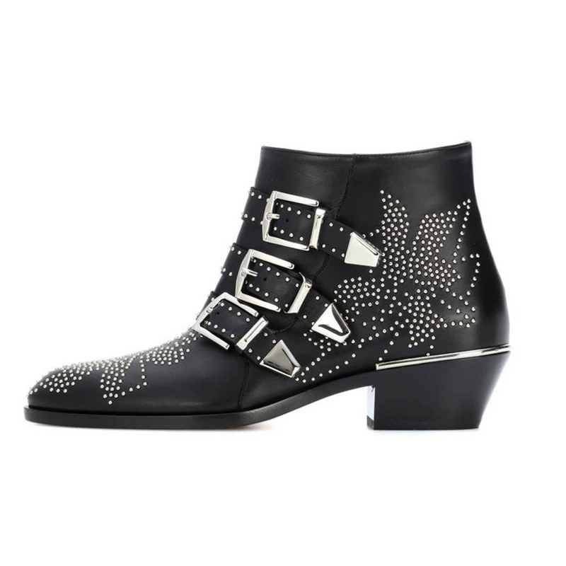 black siver leather Г., Susanna, ботильоны с шипами женские Ботинки martin из натуральной кожи с острым носком, заклепками и цветком, черного цвета Femme zapatos mujer - Цвет: black siver leather