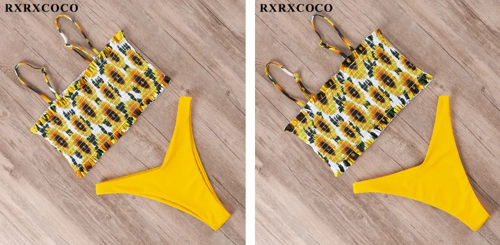 RXRXCOCO купальники для женщин купальник Smocking бикини с высокой талией набор бикини напечатан летний купальник с рюшами пляжная одежда