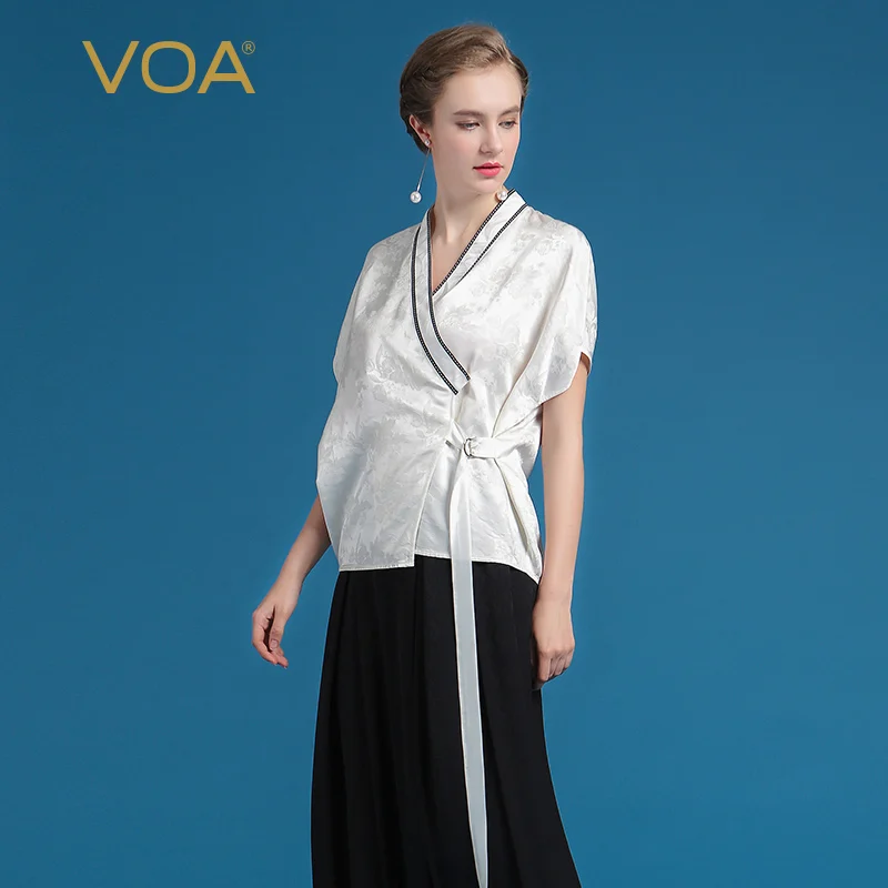 VOA Summer Heavy Silk White Kimono Blouse Fashion V-neck Sashes Women Tops Plus Size Brief Casual Short Sleeve Shirt BST00201 | Женская