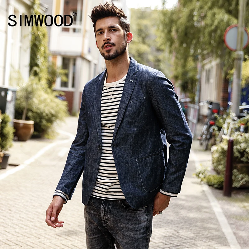 SIMWOOD 2018 Новая осень блейзеры Для мужчин мода Slim Fit Хлопок тёмный деним в горошек