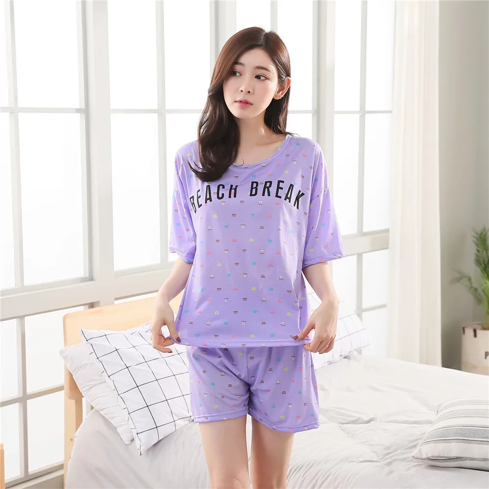 Womens Pajamas Sets Short-Sleeve Shirt And Waist Shorts Pajama Set All Above Cartoon Print Casual 2018 Summer Sleepwear Homewear | Женская