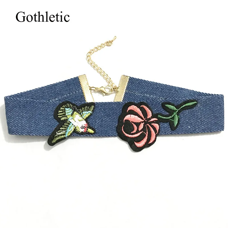 Модный новый голубой джинсовый чокер gotetic 2019 ожерелье с цветочной вышивкой птицы
