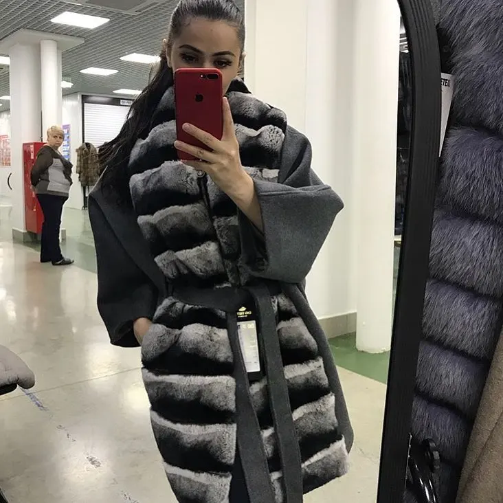 Шуба из смесовой шерсти шуба натурального меха меховой воротник кролика Рекс