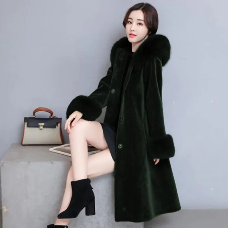 Dark green Овечья стриженая куртка женская осень зима с капюшоном толстый теплый свободный большой размер мех пальто элегантные модные повседневные куртки AS923 - Цвет: Dark green