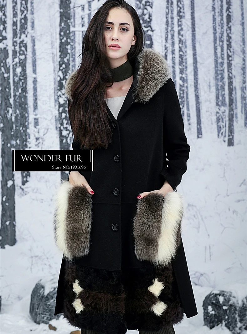 Женское длинное шерстяное пальто с карманами и лисьим мехом дизайнерское платье