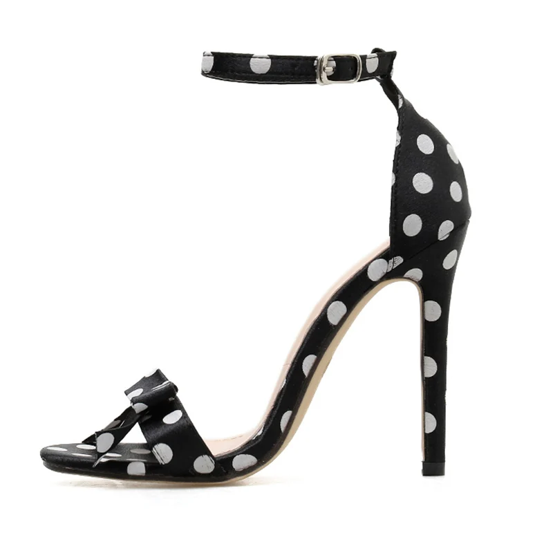 Summer Women 11.5cm High Heels Silk Satin Buckle Strap Stripper Sandals Female Fetish Shoes Lady Polka Dot Pumps YFD-161