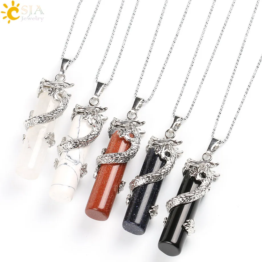 CSJA Dragon Drop Pendant Natural Gem Stone Necklace Chain Lobster Clasp Jewellery Reiki Men Women Jewelry Pendulum Amulet E182 | Украшения