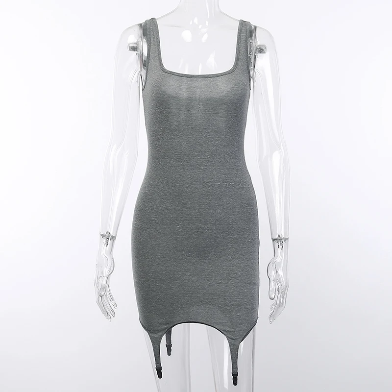 Gray WannaThis летнее платье на бретельках с вырезом лодочкой без рукавов, тонкое однотонное повседневное уличное сексуальное нестандартное мини-платье - Цвет: Gray