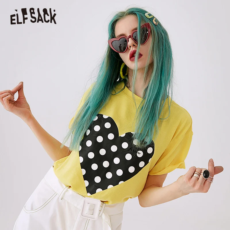 Женския футболка с вышивкой ELF SACK, желтая, голубая кофточка, повседневный свободный женский топ вкрапинку с принтом сердца, для лета