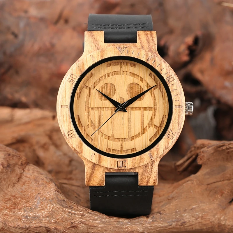

Unique One Piece Wood Watches Men Engraved Smile Dial Pure Bamboo Wood Clock Man Quartz Analog Black Genuine Leather Band Watch