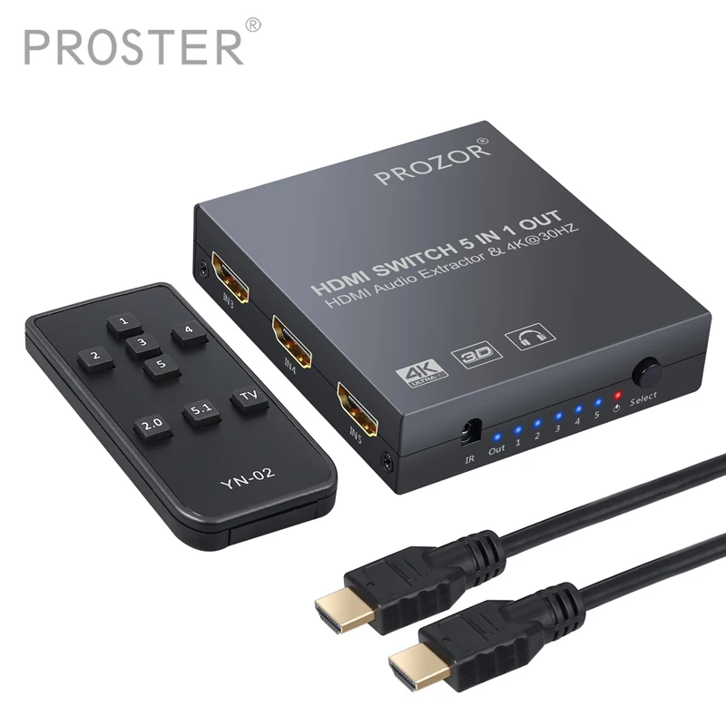 Prozor HDMI совместимый переключатель 5x1 аудио экстрактор конвертер с пультом