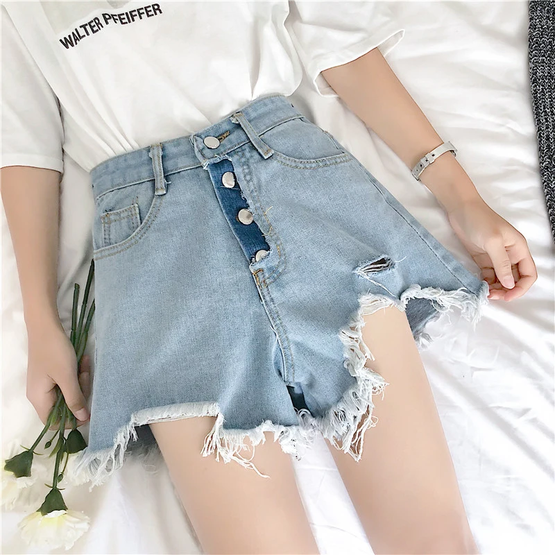 QoerliN женская одежда Винтаж Ripped Fringe синий Джинсовые шорты Для женщин уличная