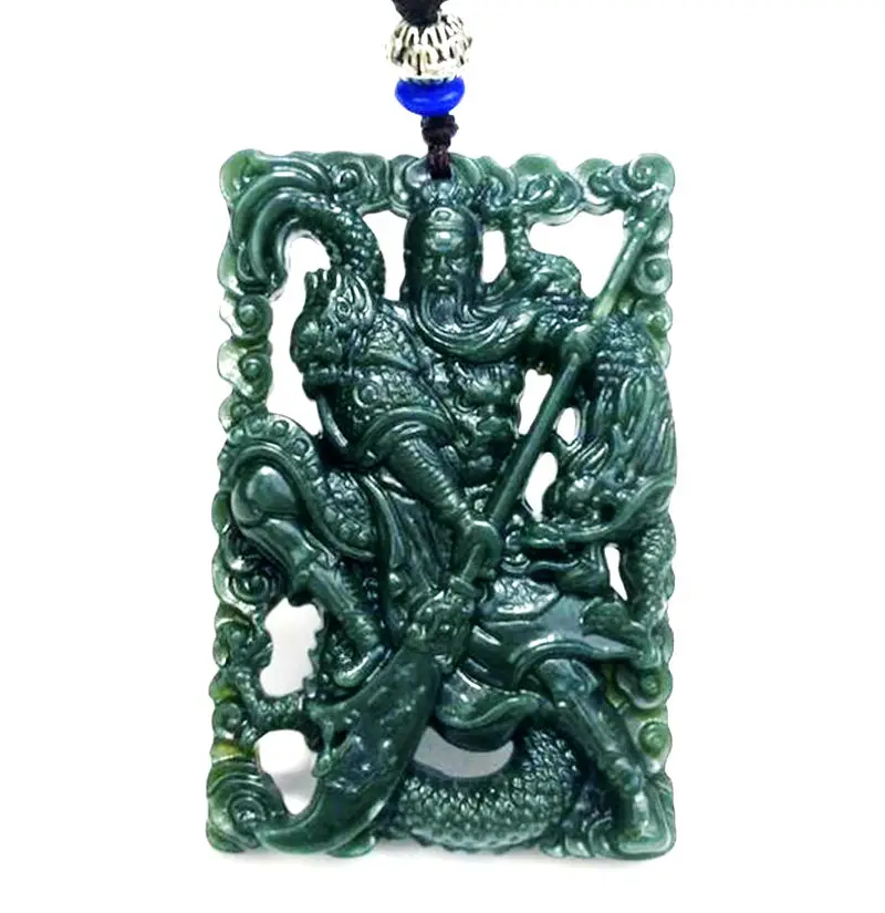 Натуральный темно-зеленый нефрит резной дракон/Guan Yu полые кулон цепочки и ожерелья китайский справедливость общие Гуань Гун амулет