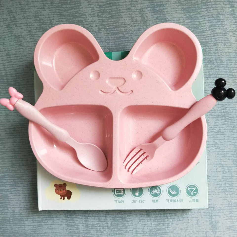 Pink 3pcs set Пшеничная солома детской посуды для малышей, с милым медведем посуда мультфильм дети плиты детская посуда набор для кормления ребенка чаша - Цвет: Pink 3pcs set