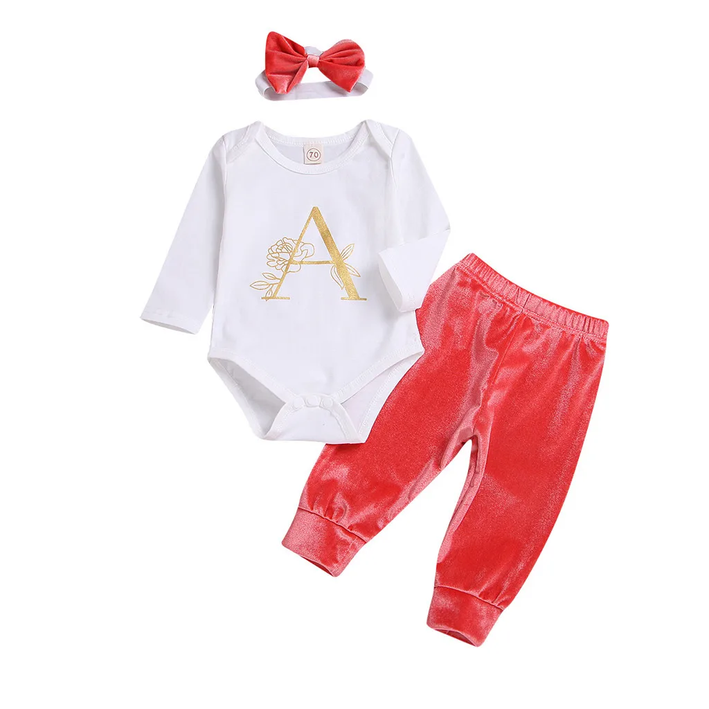2019 Brand New Infant Toddler Baby Girl Boy Cotton Outfit Clothes Romper Tops Pants Hair Band Set Outfits 3Pcs L1214 | Детская одежда и