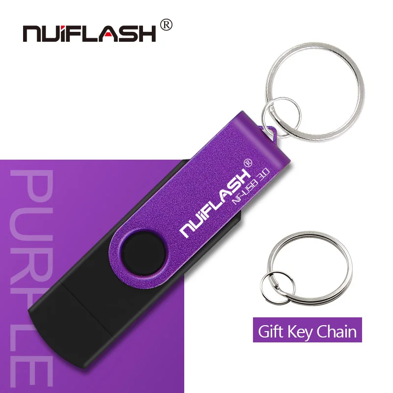 purple Nuiflash OTG USB флеш-накопитель свободного вращения 16 ГБ 32 ГБ 64 ГБ 128 ГБ флеш-накопитель с брелоком для телефона и ПК - Цвет: purple