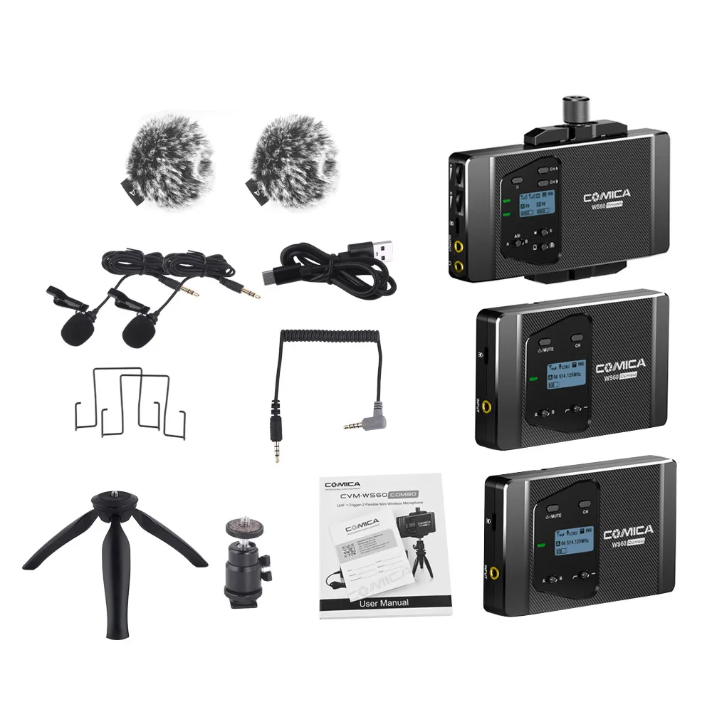 

CoMica Mini Wireless Microphone System for Smartphones and Cameras UHF 12 Channels 60m Max. with Mini Tripod Mini Ball Head
