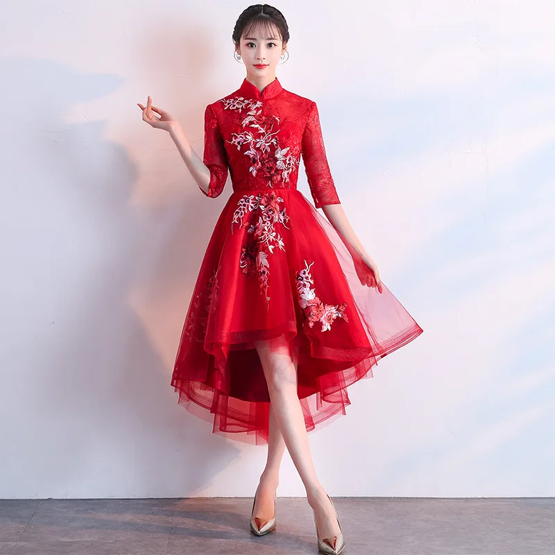Высокое качество короткое платье Ципао сексуальная вышивка Qipao женское