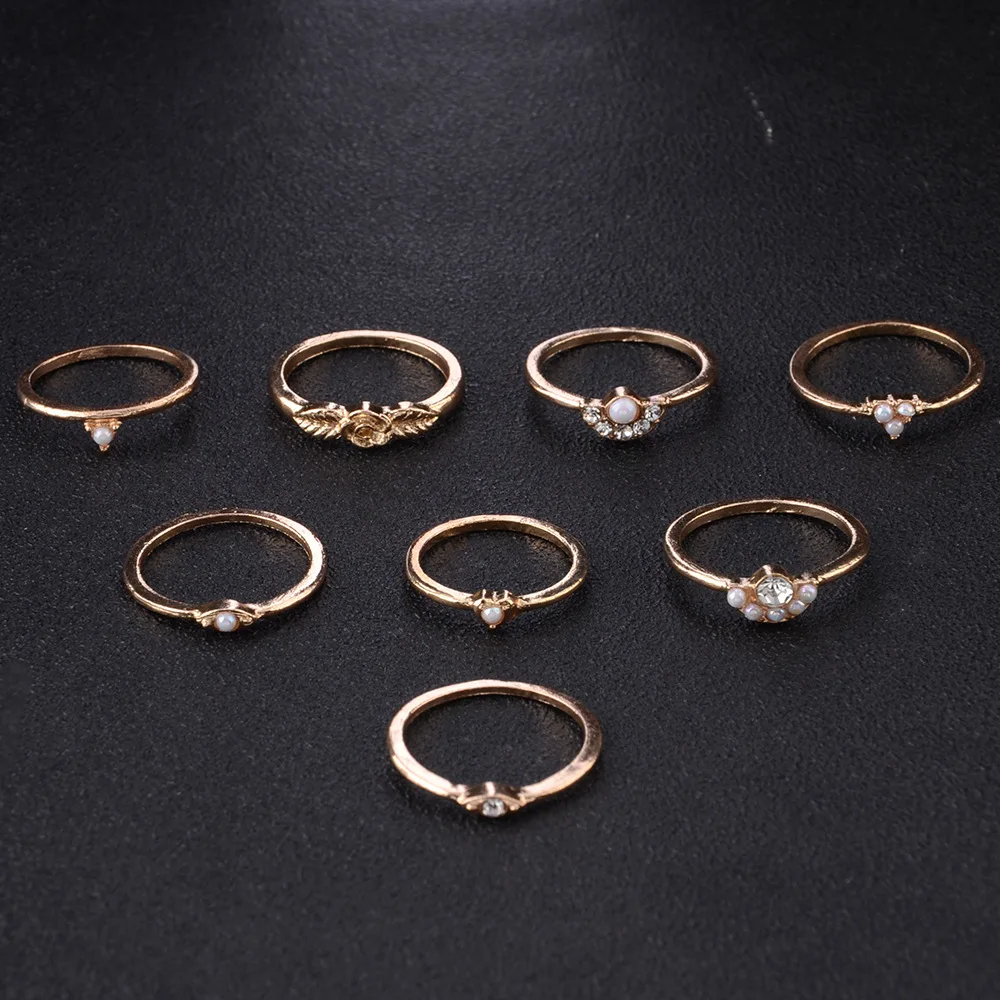 8 шт./компл. винтажные золотистые кольца с опалом в форме листьев и кристаллов для