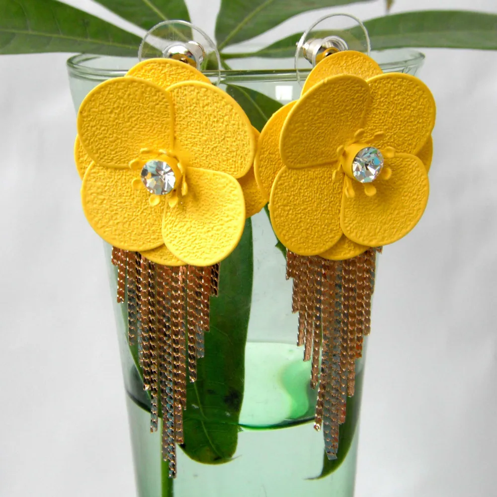 Серьги гвоздики с эмалью Navachi желтая цепочка Цветущими Розами и кристаллами