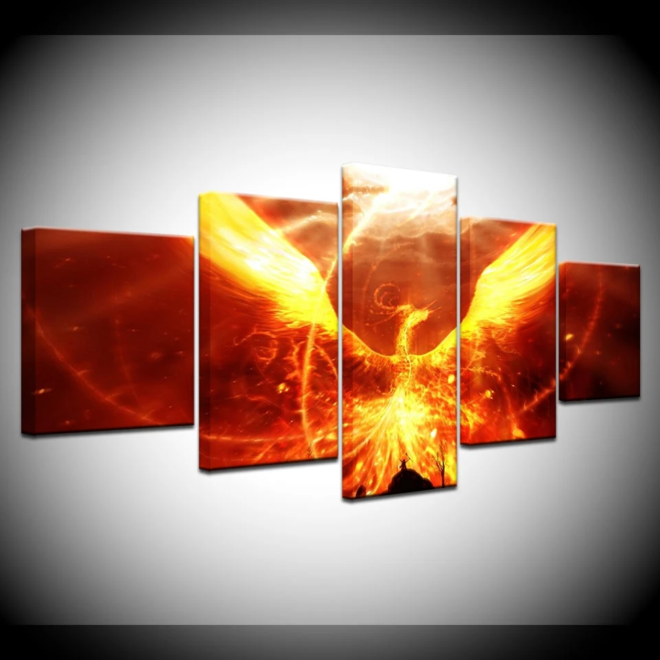 

Canvas Painting fantasy art fire phoenix 5 Pieces Wall Art Painting Modular Wallpapers Poster Print for living room Home Decor