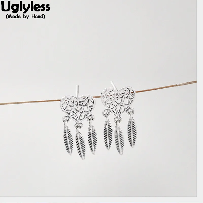 

Серьги Uglyless 100% настоящие Твердые Стерлинговое Серебро 925 пробы листья кисточки серьги для женщин этнические полые сердца шпильки ручной ра...