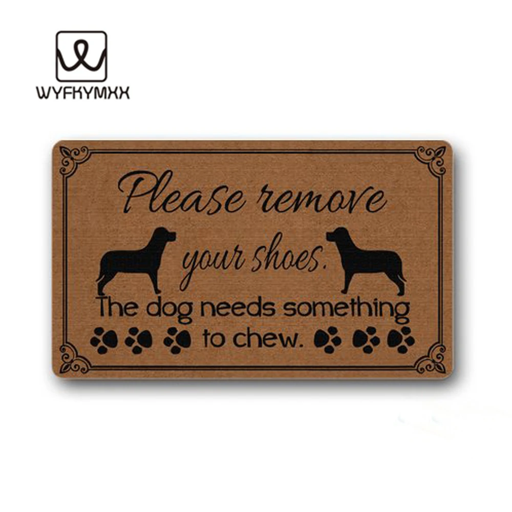 

Пожалуйста, снимите обувь, собаке нужно что-то для жевания тканого напольного коврика, дизайн, добро пожаловать, коврик для дома, на открытом...