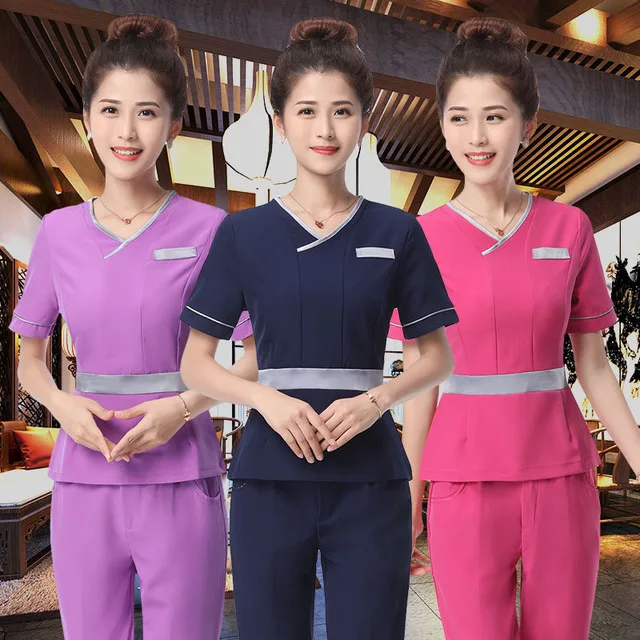 

Женский модный костюм для косметолога/туника для спа/топ с ложным запахом + облегающие брюки