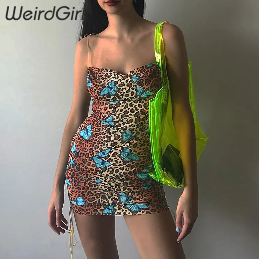 Weirdgirl женское платье с леопардовым принтом и бабочкой, модное элегантное женское платье на бретельках, растягивающееся с открытыми плечами, регулируемое летнее Мини Новое