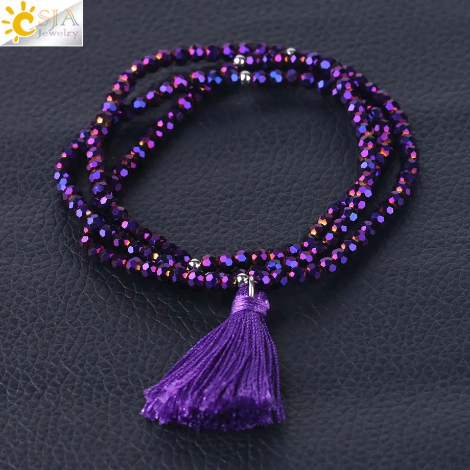 Purple 2 CSJA Boho кисточка с бахромой крошечный граненый многослойный Хрустальный Браслет Браслеты Дружбы бижутерия ручной работы Pulsera эластичный S117 - Окраска металла: Purple 2