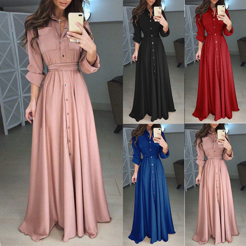 Женское Клубное платье-рубашка макси на пуговицах с длинным рукавом и поясом