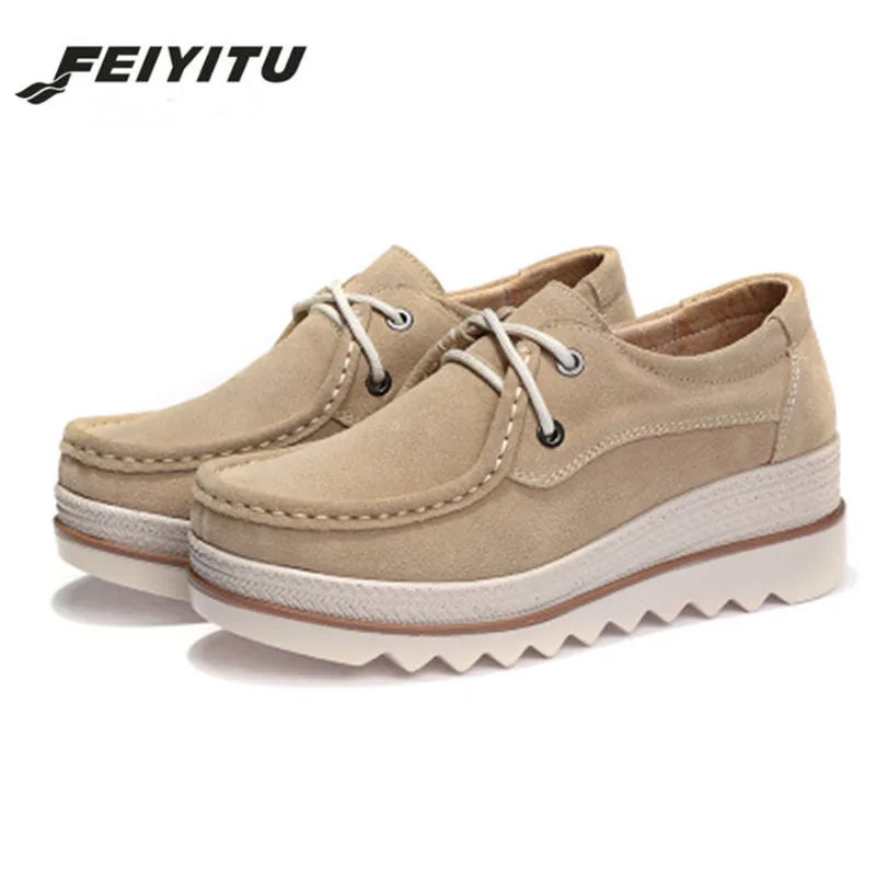FeiYiTu/2018 весенние женские туфли на плоской подошве Кожаные Замшевые кроссовки