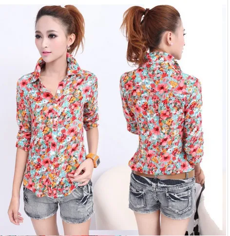Fashion Girl Women Flower Pattern Shirt Notched Collar Tops Blouse 1pcs/lot Free Shipping SQ0041|shirt russia|shirt dress plus sizeshirt girl |