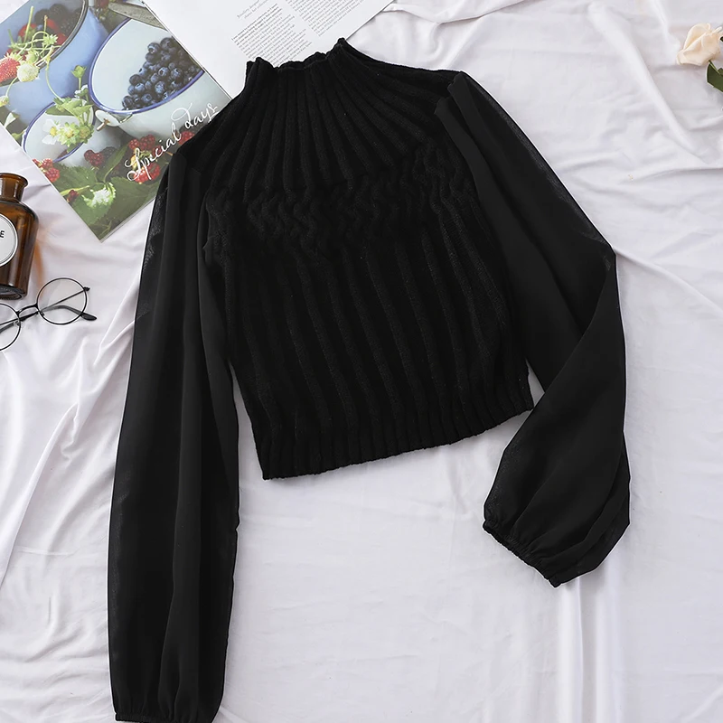 HELIAR Women Casual Lantern Sleeve Splicing Chiffon Spring Blouse Fashion pit knitting Slim Elastic Sweater Offic | Женская одежда