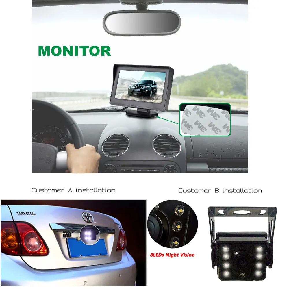Монитор заднего вида TFT LCD HD 12 24 В 4 3 дюйма + 8 ИК светодиодов|Камеры для авто| |