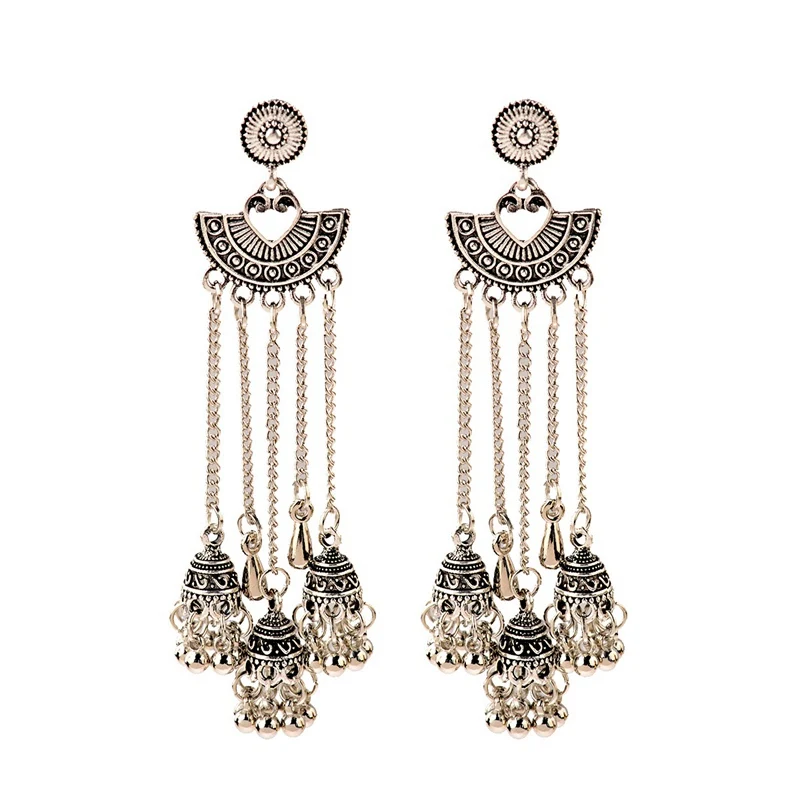 OIQUEI женские индийские серьги Jhumka в стиле бохо,, золотые, серебряные, металлические Большие колокольчики, длинные висячие серьги с кисточками, женские цыганские украшения - Окраска металла: HXE125-2