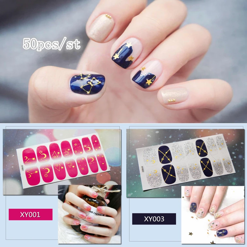 

50pcs Full Covered Nail Stickers Mixed Moon Sun Star Designs Decal Tips Wraps DIY Nail Art Decorations Manicure Beauty Accessory