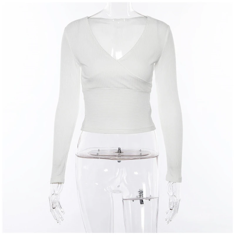 Autumn V Neck Thin Sweater Women Casual Low Cut IG Cropped Pullover Boho Bohemia Sexy Jumper Pull Femme Tee White Black Crop Top | Женская
