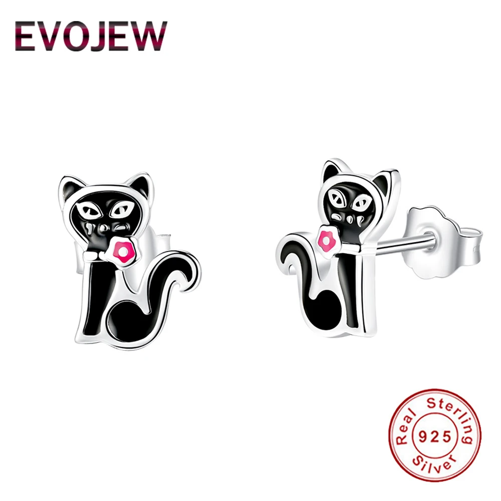 EVOJEW 925 пробы Серебристый Черный кот мультфильм серьги гвоздики для обувь девочек