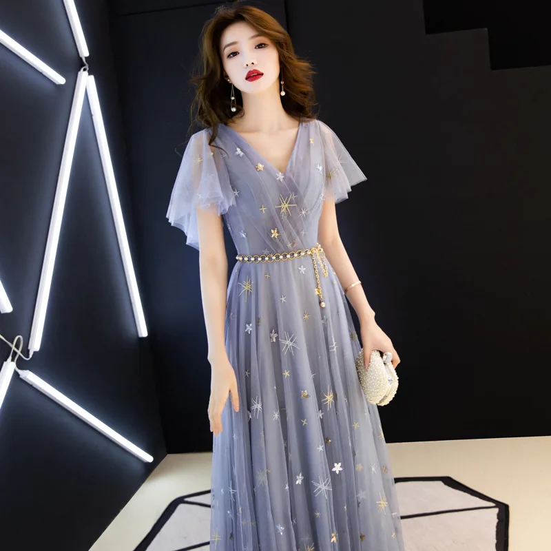 Gray Blue Chinese Oriental V-Neck Full Length Wedding Women Sexy Cheongsam Evening Dress Elegant Princess Dresses Modern Qipao |