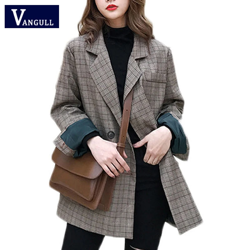 Vangull клетчатые женские блейзеры Модные Винтажные женские пальто с длинным рукавом весна осень однобортный корейский Свободный Женский блейзер