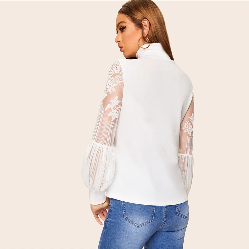 SHEIN Белая Кружевная блуза с высоким горлом и воздушными Шарами на рукавах, сетчатая блузка, Женская Весенняя офисная элегантная блуза, однотонная женская рабочая одежда, блузки