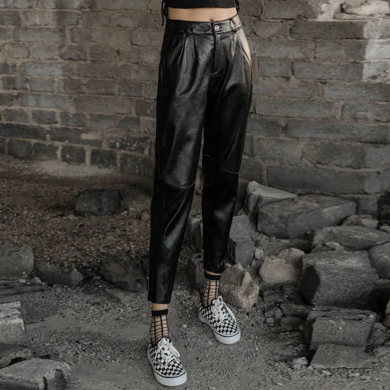 Black Autumn Women Large Size 4XL Leather Harem Pants Casual Real Leather Lambskin Pencil Pants Ladies Streetwear Female Slim Trousers - Цвет: Black