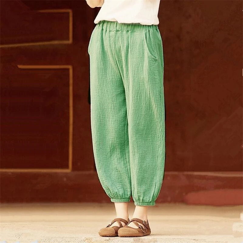 Женские свободные длинные шаровары из хлопка и льна с эластичным поясом