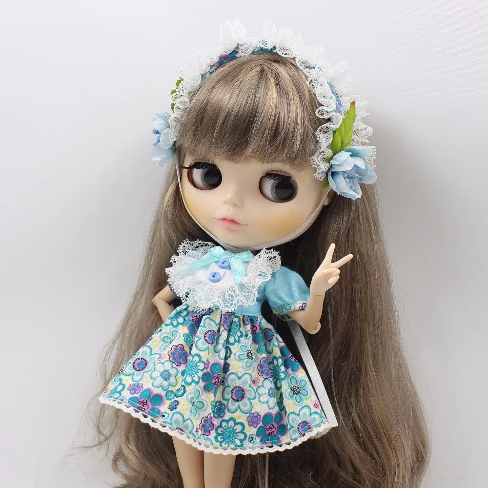 Blyth кукла ледяной костюм головной убор Лолита платье кружева синий цветок наряд 1/6 игрушка в подарок