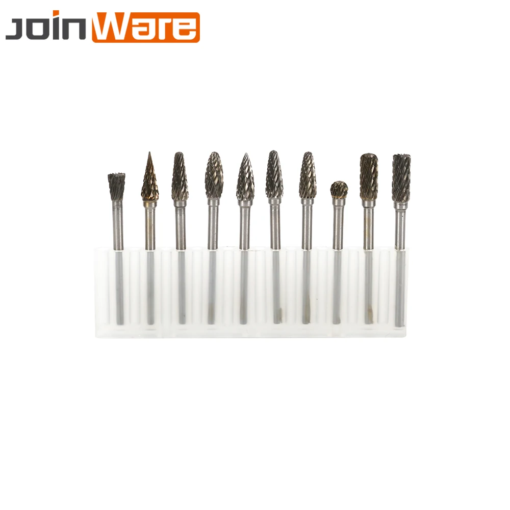 

10 шт. 4 мм 1/6 "Вольфрамовая сталь Шлифовальная головка роторный резак Заусенцы Набор гравировальных бит инструменты смешанные формы набор с 1...