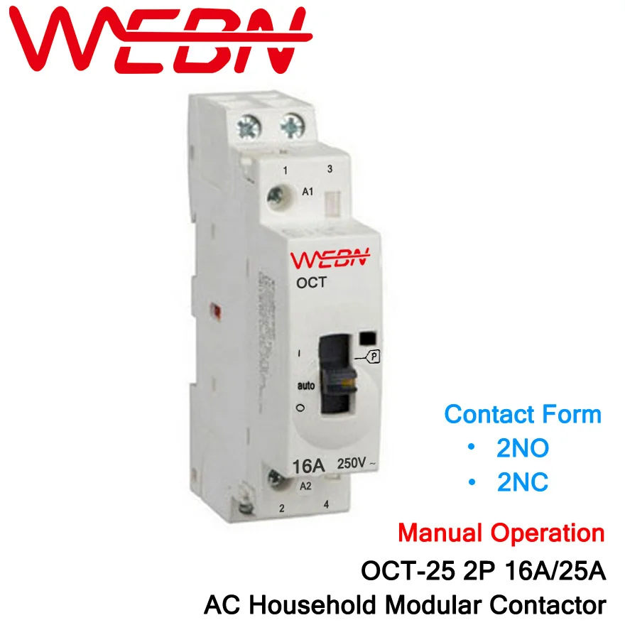 OCT-25 Series 2P 16A/25A Manual Operation AC Household Modular Contactor 220V/230V 50/60Hz Contact 2NO/2NC Din Rail Contactor