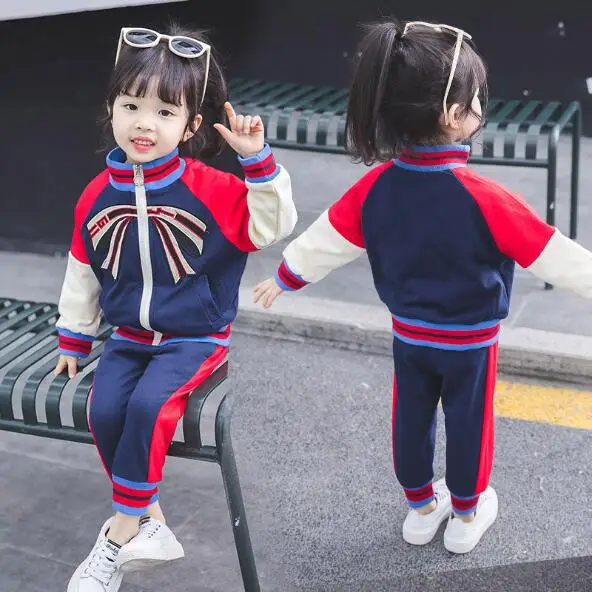 Girls Sets 2019 Spring Girl And Boys Fashion Bow Zipper Top+Pants Two Pcs Suits Set Costumes For Children Kids Clothes | Детская одежда
